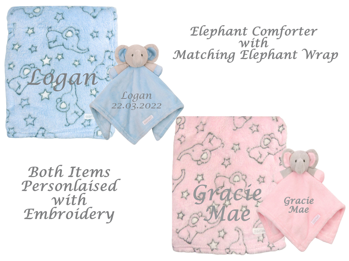 Elephant Comforter Matching Blanket BOTH ITEMS PERSONALISED with embroidery Beautiful Keepsake Baby Gift