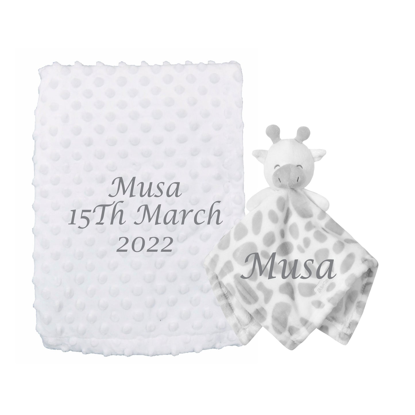 Giraffe Comforter Matching Blanket BOTH ITEMS PERSONALISED with embroidery Beautiful Keepsake Baby Gift