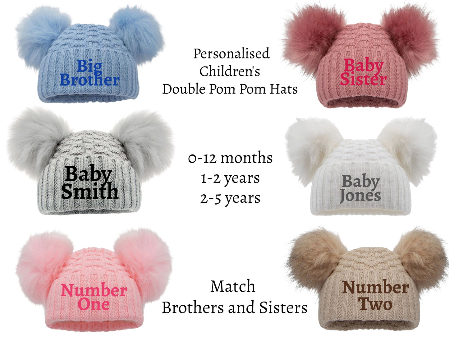 Boys Girls Baby Double Furry Pom Pom Pom Pom Hat 3 months up to 4 Years Matching Family Winter Hats Six Colours