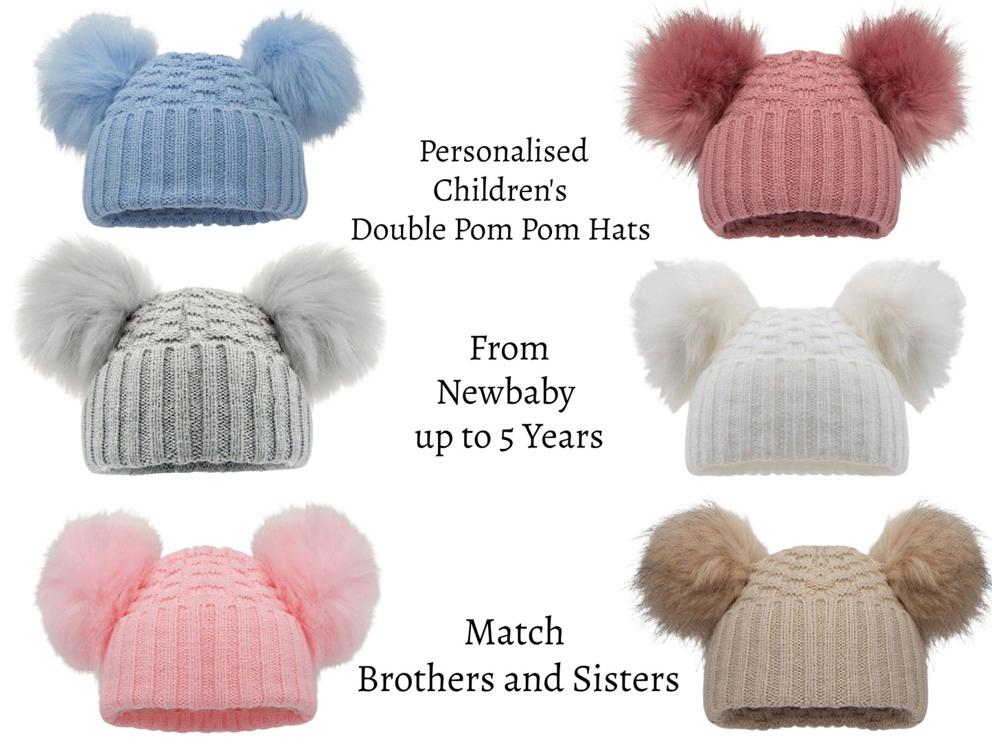 Boys Girls Baby Double Furry Pom Pom Pom Pom Hat 3 months up to 4 Years Matching Family Winter Hats Six Colours