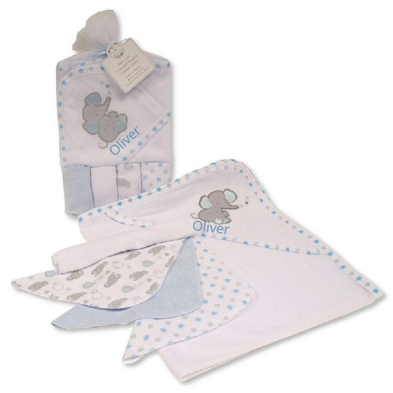 Personalised Baby Gift Hooded Towel Four Wash Cloths Ideal Baby Shower New Baby Gift Perfect Summer Towel