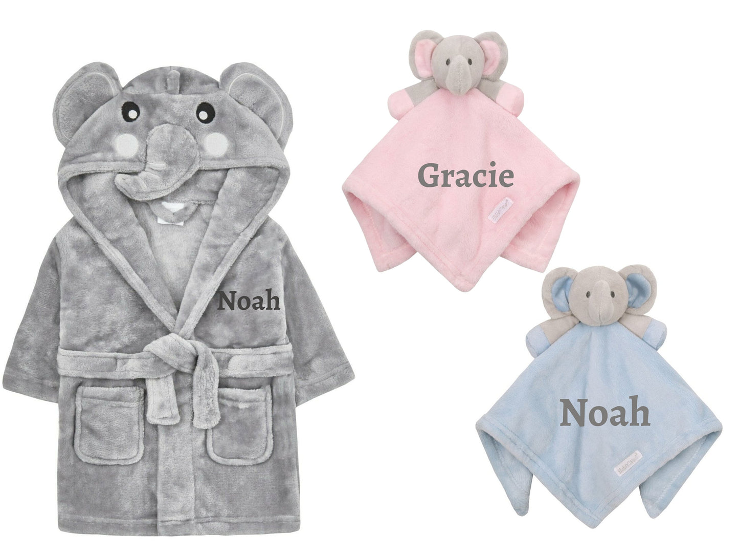 PERSONALISED with EMBROIDERY Elephant Face Dressing Gown with Matching Comforter Toy Ideal Baby Gift Babies 0-6 Months