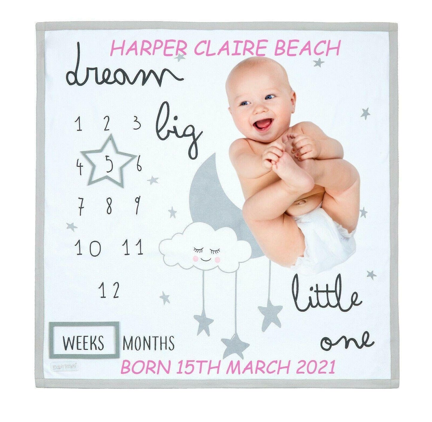 Personalised Baby Milestone Memory Mat Soft Cotton Double Ply 75cm x 75cm Mark Weeks and Months Great for Photos