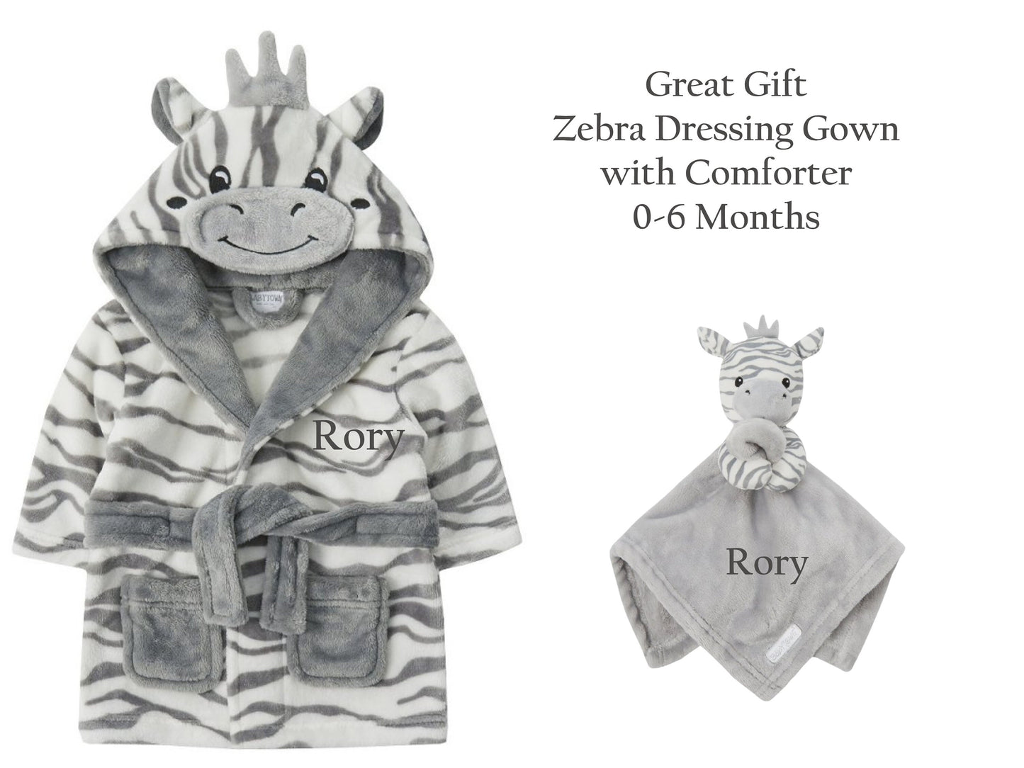 PERSONALISED with EMBROIDERY Zebra Face Dressing Gown Baby 0-6 Months with Matching Comforter Toy Ideal Baby Gift