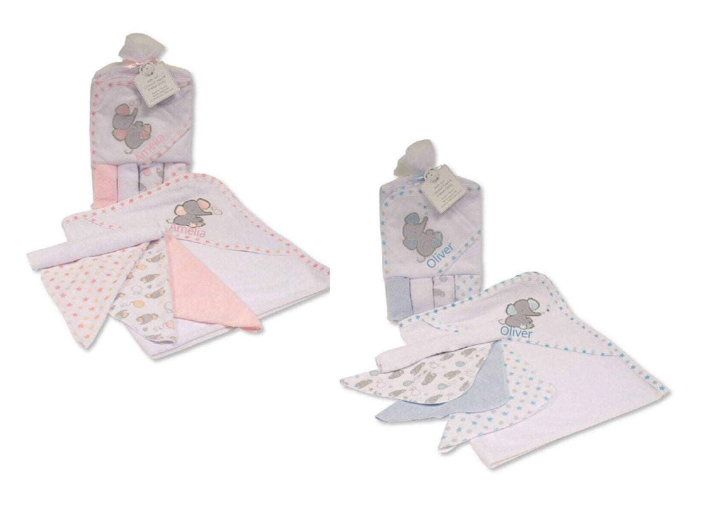 Personalised Elephant-Themed Baby Hooded Bath Robe, Towel, and Washcloth Set (0-6 Months) - Perfect Baby Gift