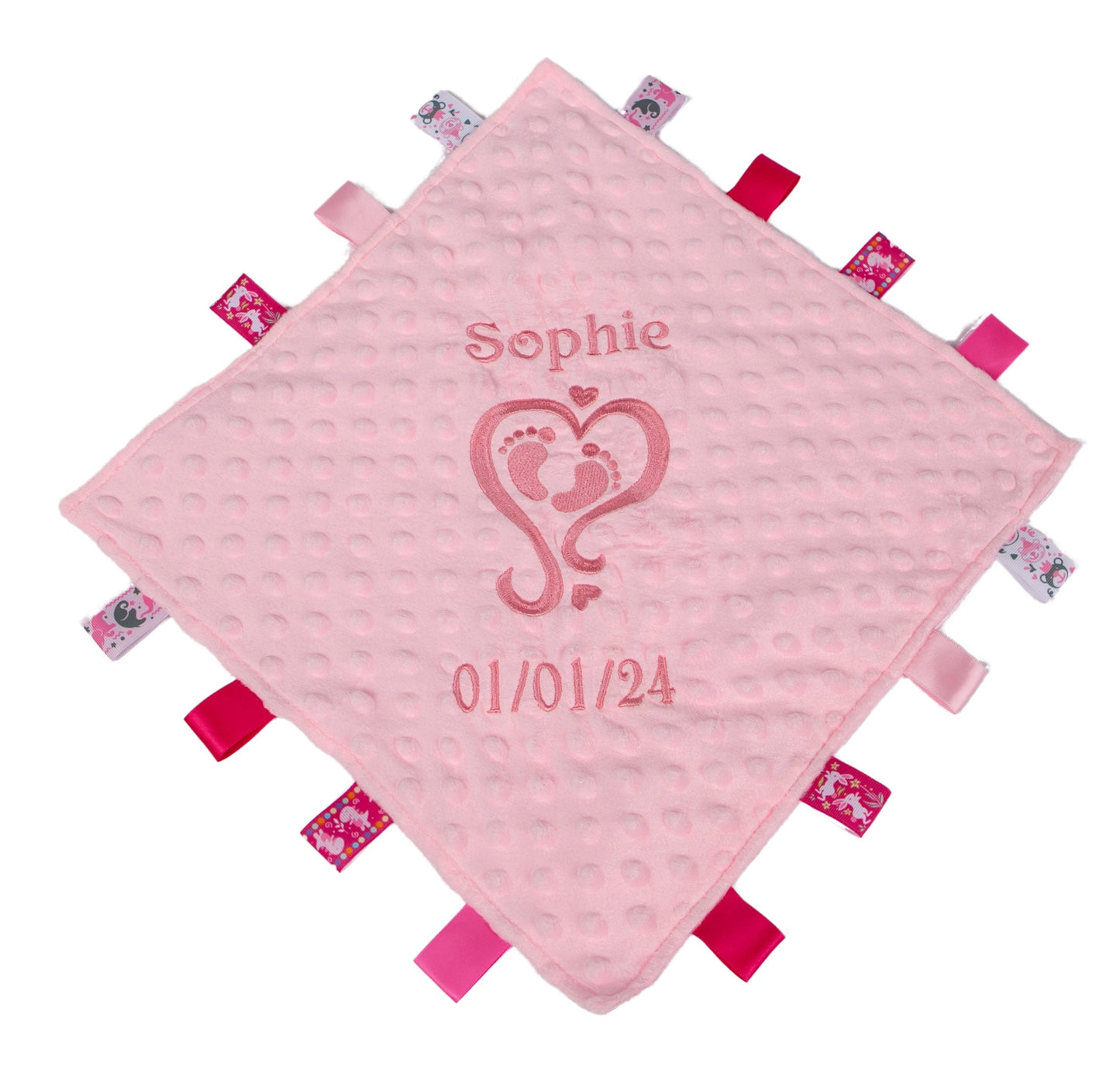 Babies Childrens Sensory Taggy Square Comforter Heart Framed Feet Keepsake