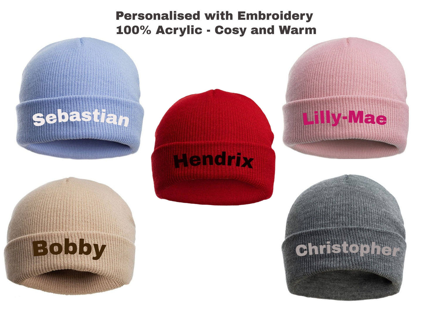 Personalised Baby Beanie Hat Embroidered Modern Colours 100% Acrylic Warm and Cosy Perfect for Spring 0-12 Months