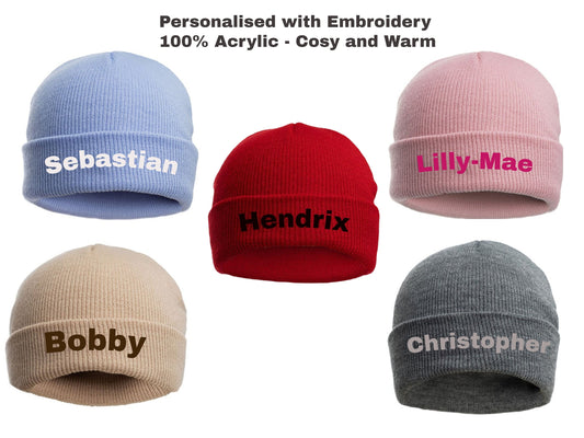 Personalised Baby Beanie Hat Embroidered Modern Colours 100% Acrylic Warm and Cosy Perfect for Spring 0-12 Months