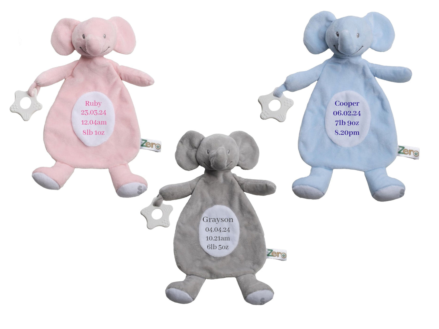 Personalised Baby Elephant Comforter Attached Teething Ring Embroidered with Significant Birth Info Made from 100% Recycled Materials