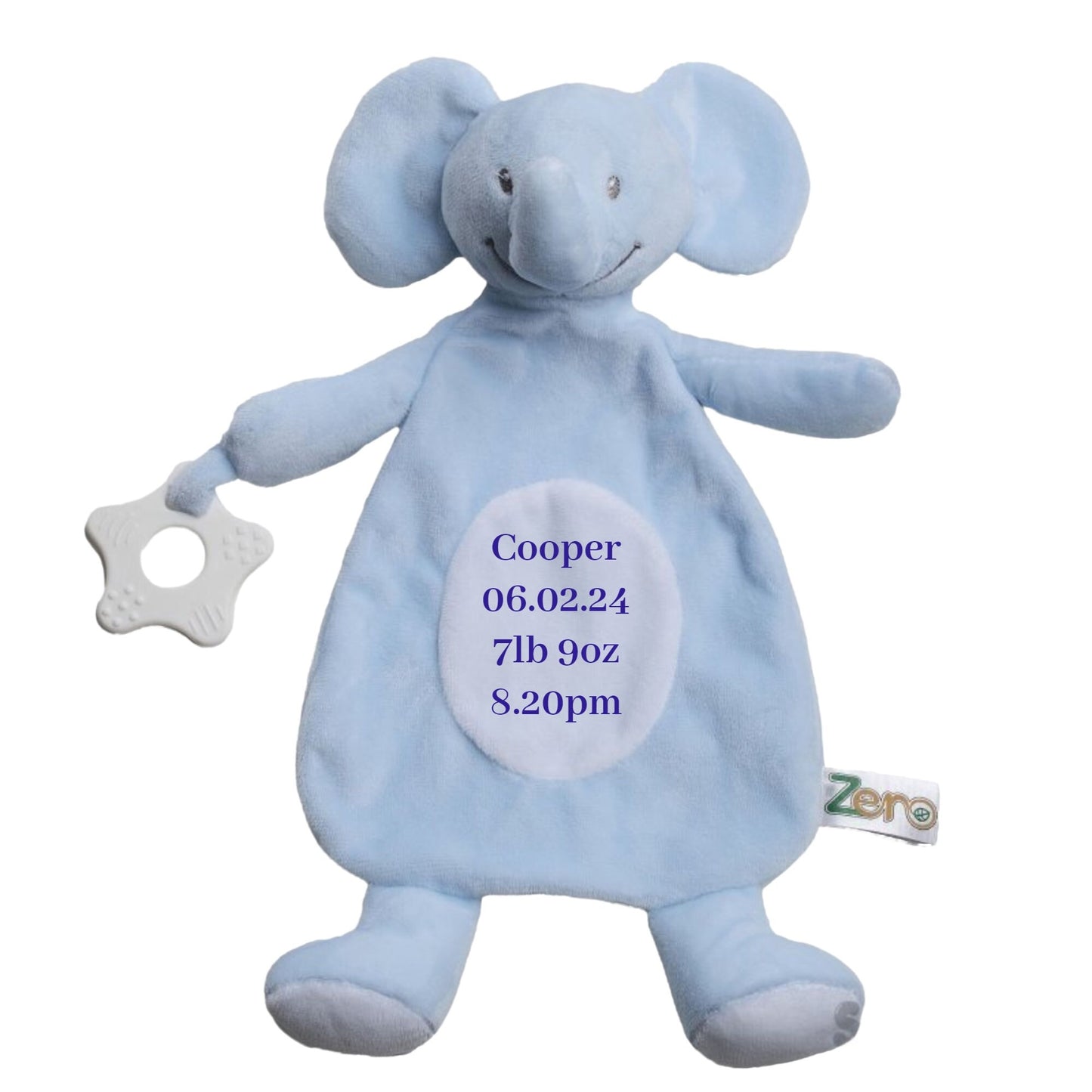 Personalised Baby Elephant Comforter Attached Teething Ring Embroidered with Significant Birth Info Made from 100% Recycled Materials