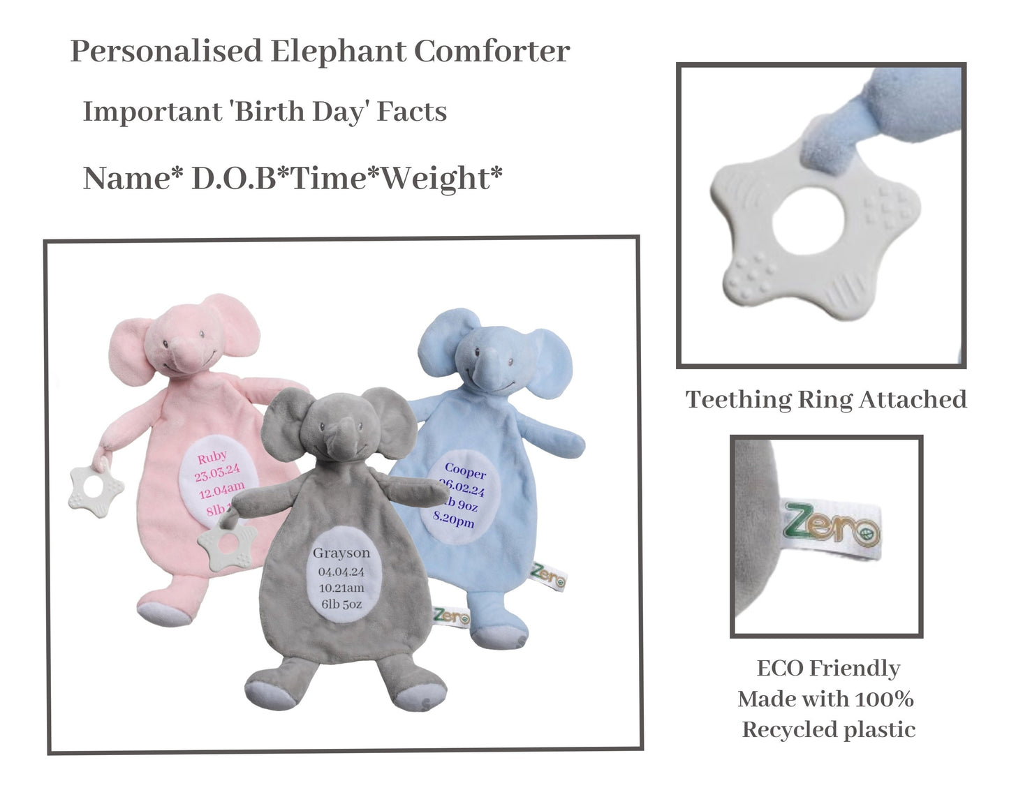 Personalised Baby Elephant Comforter Attached Teething Ring Embroidered with Significant Birth Info Made from 100% Recycled Materials
