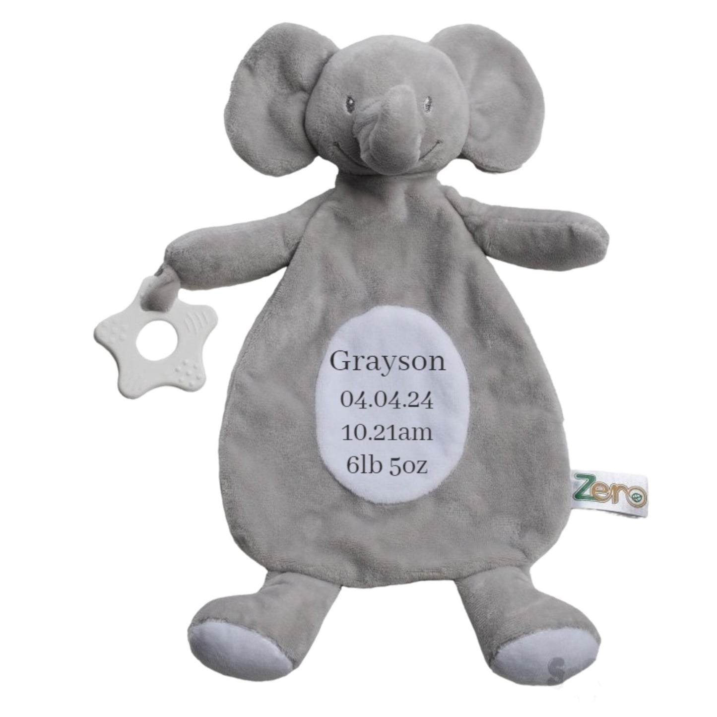 Personalised Baby Elephant Comforter Attached Teething Ring Embroidered with Significant Birth Info Made from 100% Recycled Materials