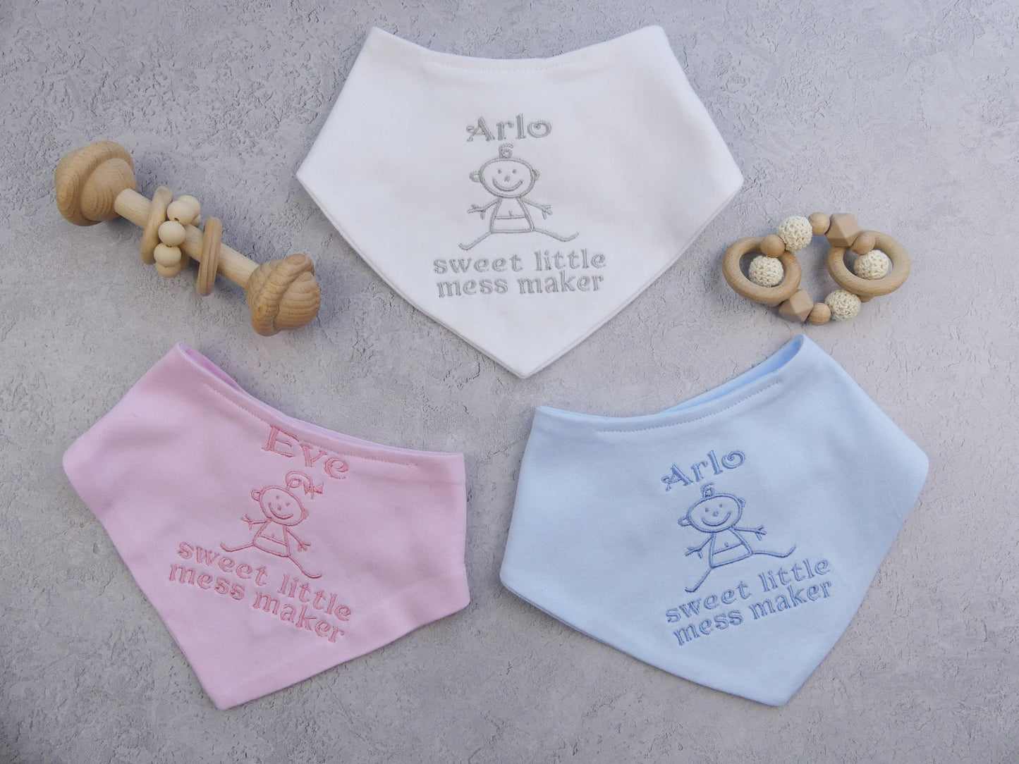 Baby Bandana Dribble Bib 'Sweet Little Mess Maker' Personalised with Baby Name 3 Colours