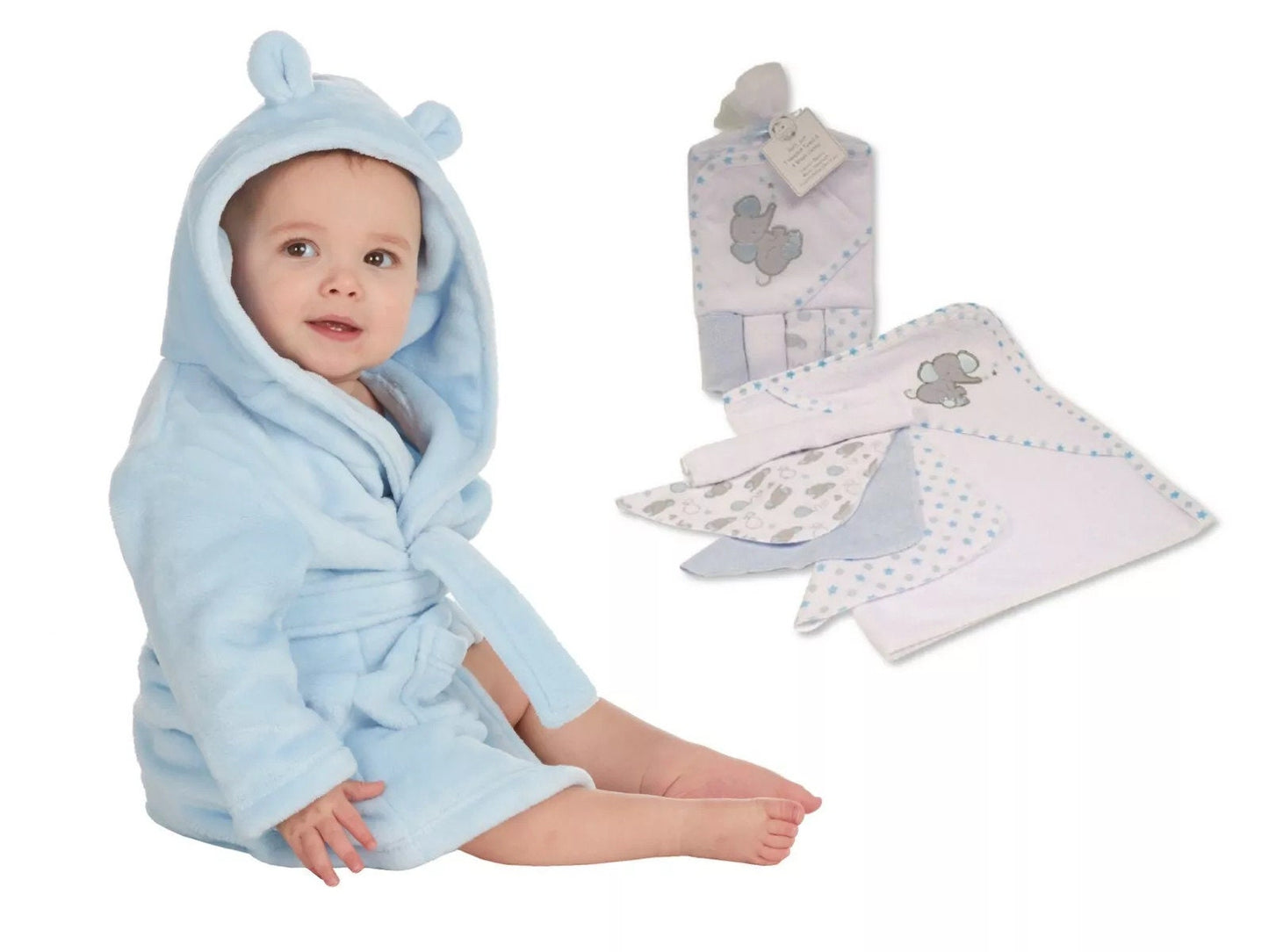 Personalised Elephant-Themed Baby Hooded Bath Robe, Towel, and Washcloth Set (0-6 Months) - Perfect Baby Gift