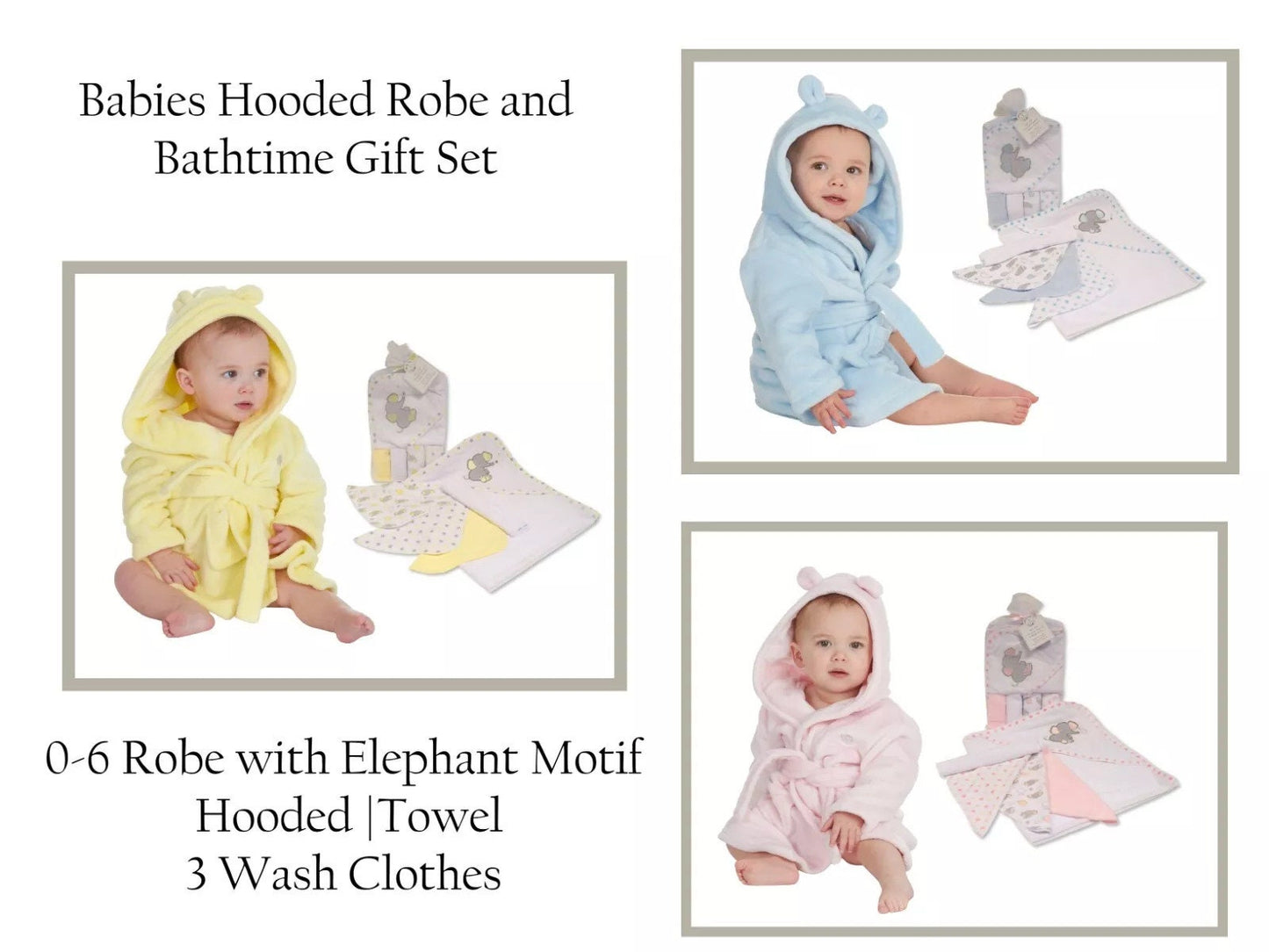 Personalised Elephant-Themed Baby Hooded Bath Robe, Towel, and Washcloth Set (0-6 Months) - Perfect Baby Gift