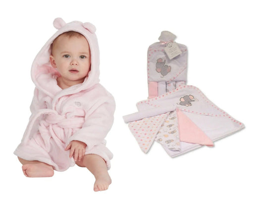 Personalised Elephant-Themed Baby Hooded Bath Robe, Towel, and Washcloth Set (0-6 Months) - Perfect Baby Gift