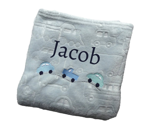 Personalised Baby Blanket Embossed with Cars and Embroidered Car Design 100cm x 75cm Soft and Silky