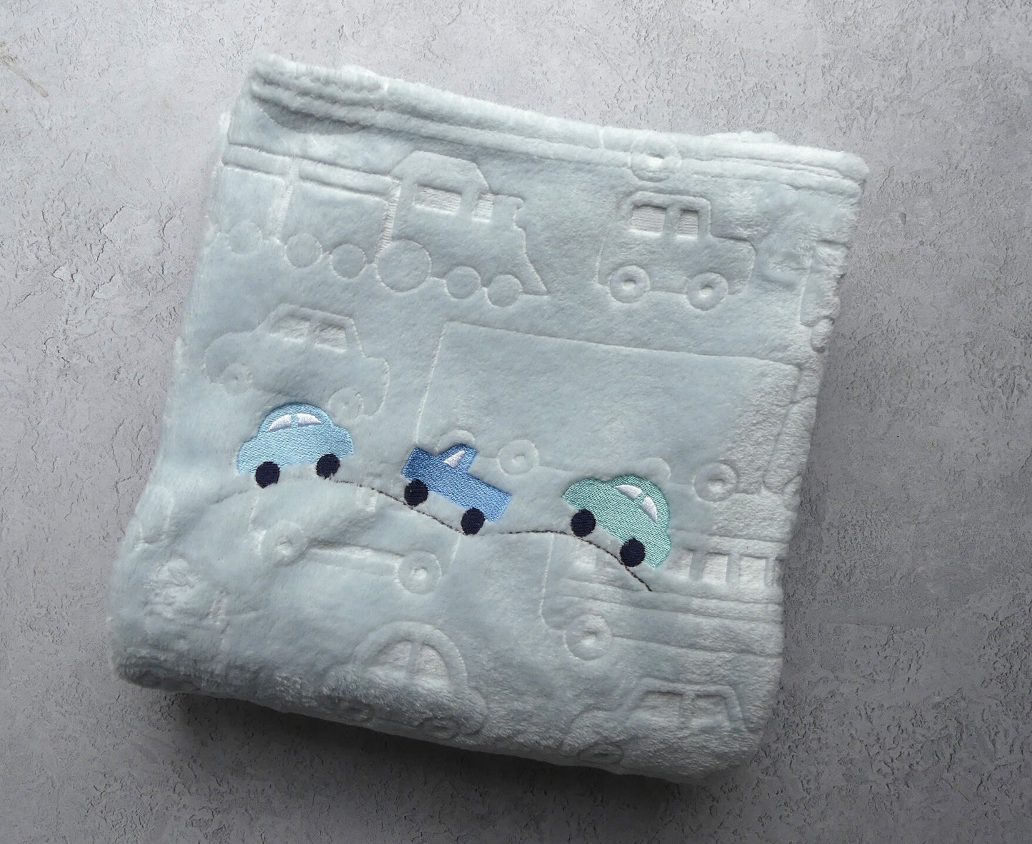 Personalised Baby Blanket Embossed with Cars and Embroidered Car Design 100cm x 75cm Soft and Silky