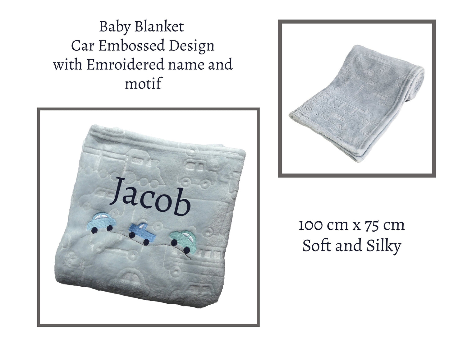 Personalised Baby Blanket Embossed with Cars and Embroidered Car Design 100cm x 75cm Soft and Silky