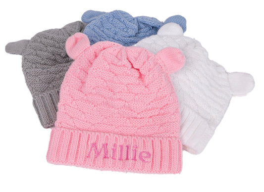 Personalised Baby Teddy Hat with Cute Ears Embroidered Four Colours  0-12 Months