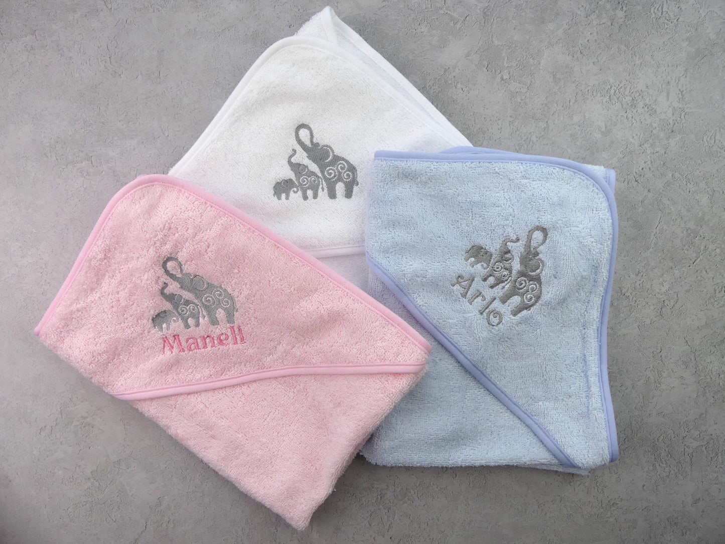 Hooded Baby Towel Elephant Family and baby Name PERSONALISED with EMBROIDERY Baby Shower Gift