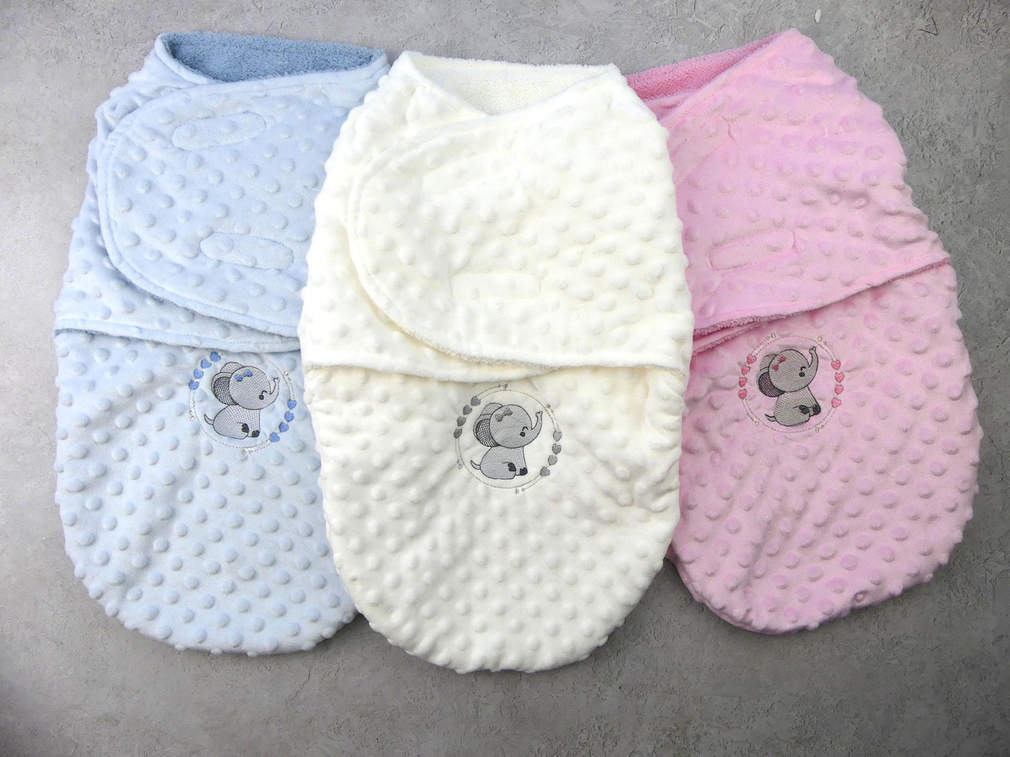 Babies Elephant Theme Swaddle Wrap Blanket 0-3 Months Fluffy Lined Baby Wrap Blanket   Personalised name added with Embroidery
