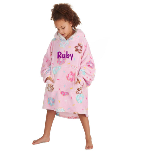 Personalised Girls Oversized Donut Hoodie for Lounging and Gifts One Size 8 Years and Above