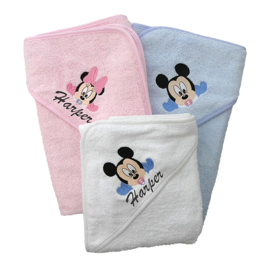 Mickey and Minnie Mouse Hooded Baby Towel  PERSONALISED with EMBROIDERY Baby Name in choice of colours