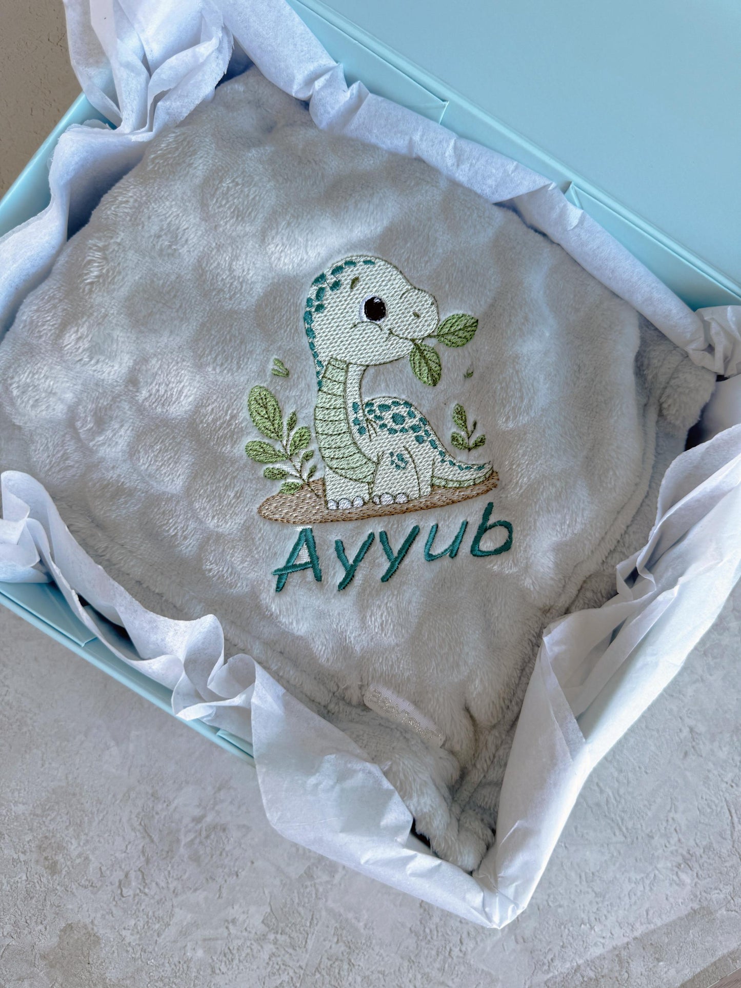 Baby Dinosaur Embroidered Blanket Personalised with Baby's Name 90cm x 70cm