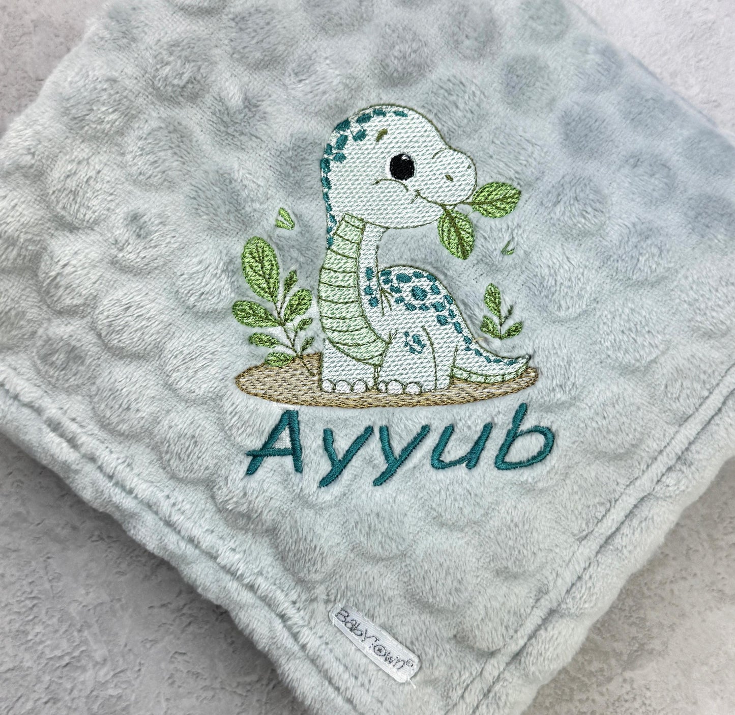 Baby Dinosaur Embroidered Blanket Personalised with Baby's Name 90cm x 70cm