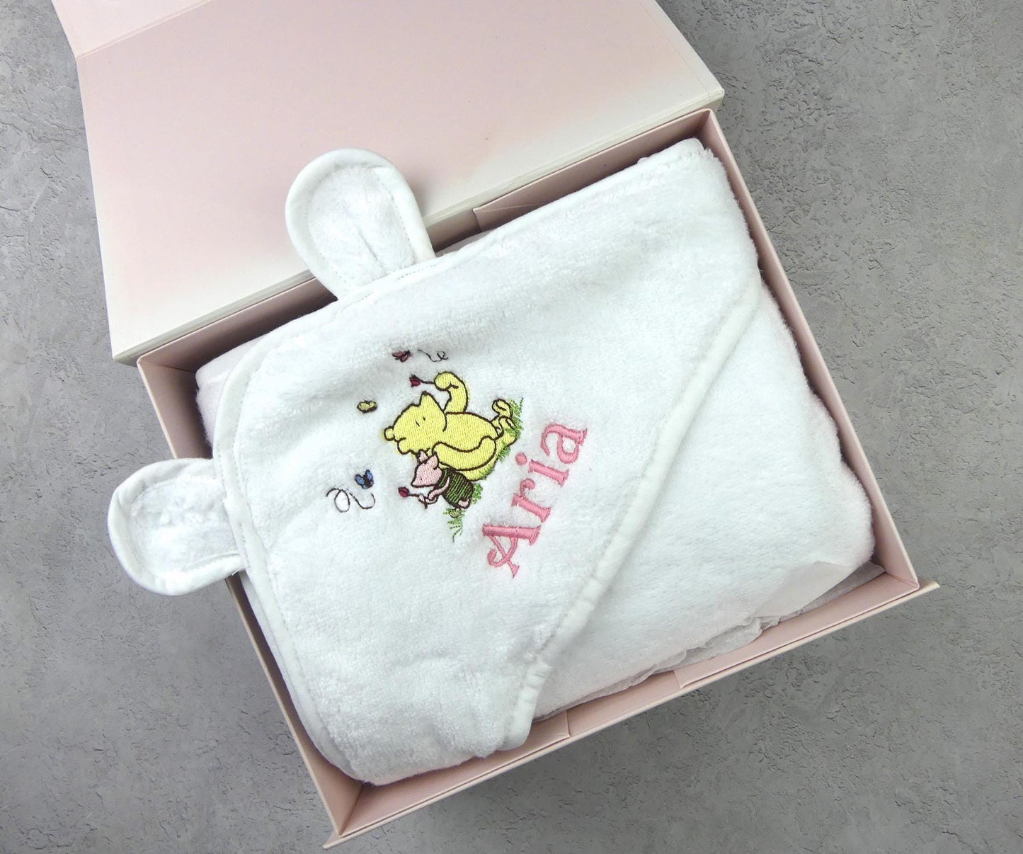 Luxury Hooded Baby Towel with Cute Bear Ears  and Winnie and Piglet Embroidered Motif And Baby Name 70 x 70cm