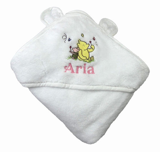 Luxury Hooded Baby Towel with Cute Bear Ears  and Winnie and Piglet Embroidered Motif And Baby Name 70 x 70cm