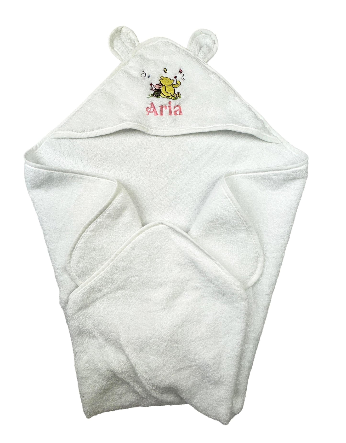 Luxury Hooded Baby Towel with Cute Bear Ears  and Winnie and Piglet Embroidered Motif And Baby Name 70 x 70cm
