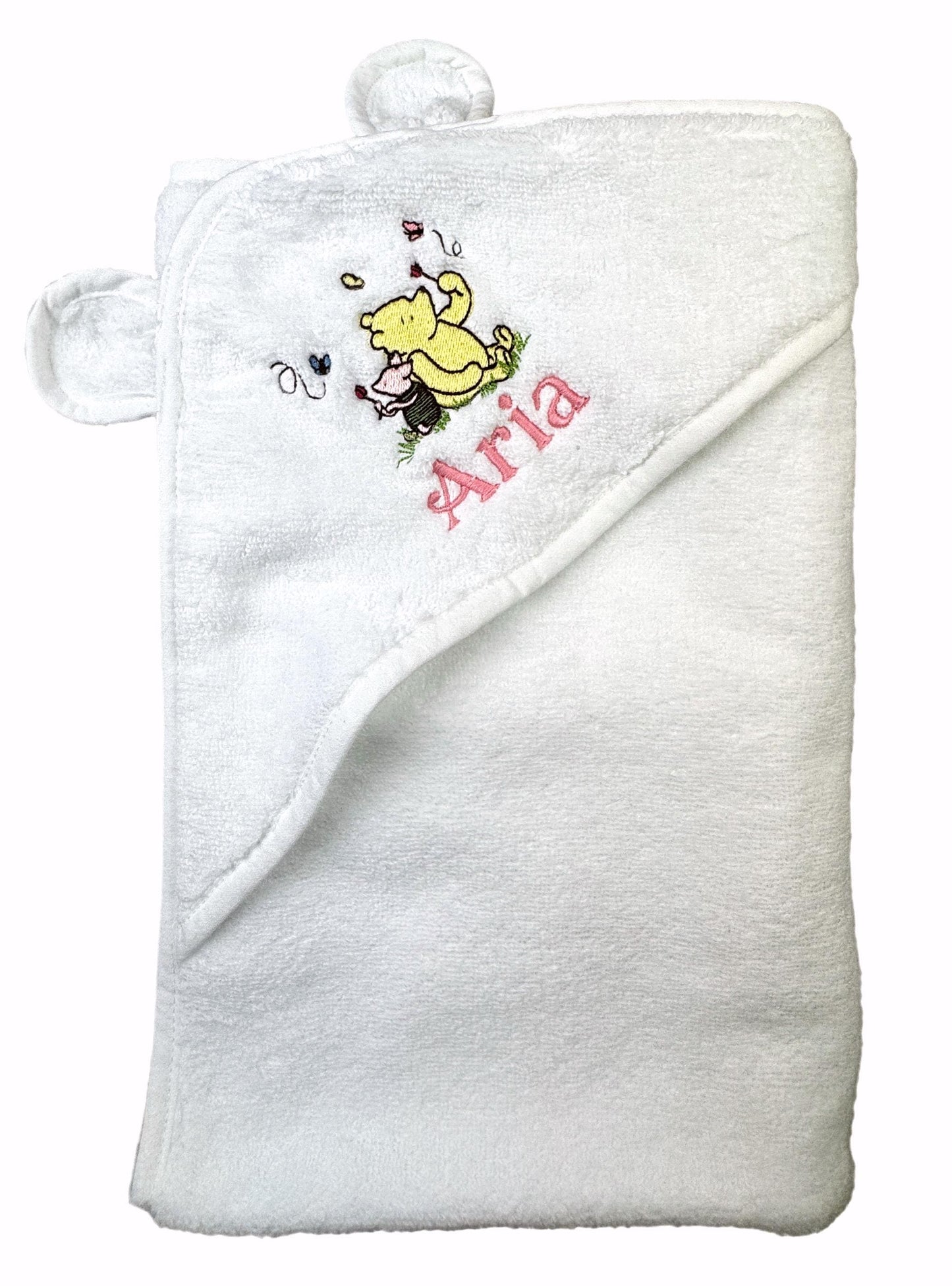 Luxury Hooded Baby Towel with Cute Bear Ears  and Winnie and Piglet Embroidered Motif And Baby Name 70 x 70cm