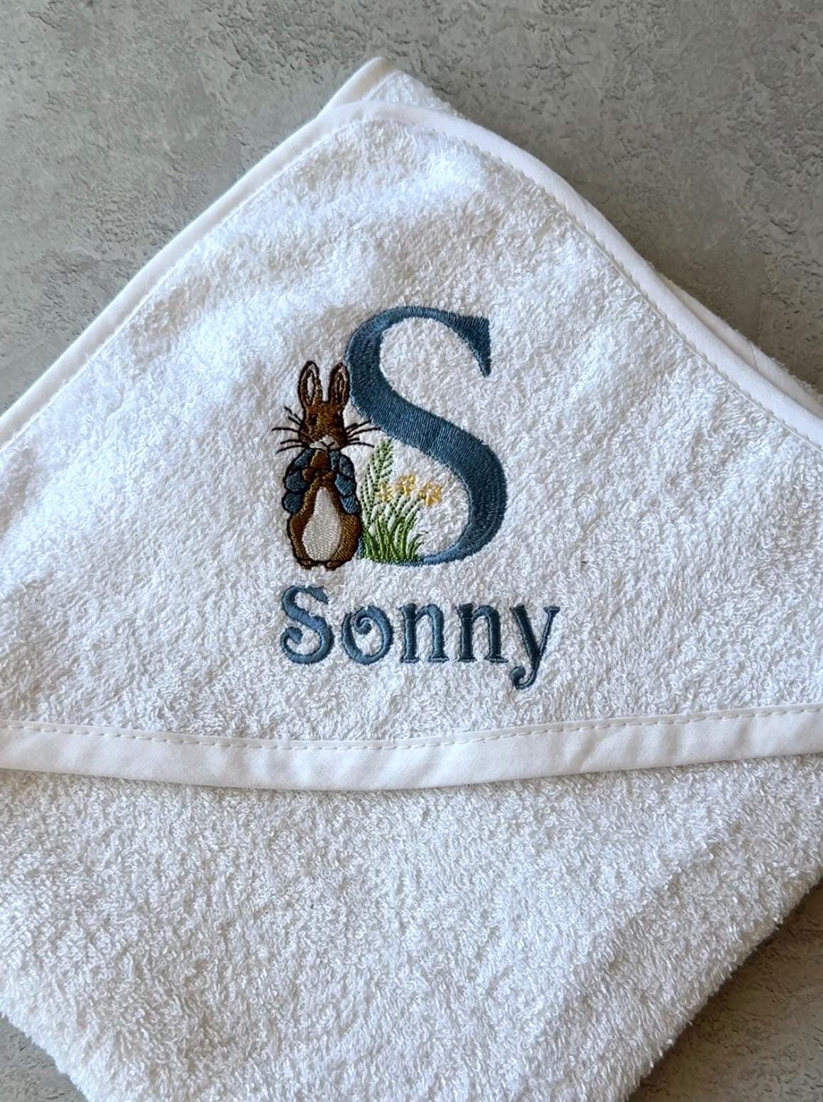 Personalised Hooded Baby Towel - Peter Rabbit Soft, Monogrammed White Cotton Bath Wrap - 75x70cm Baby Shower Gift