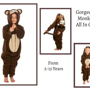 Kids All In One Monkey Fleecy Sleepwalker One-Piece Sleepsuit Pyjamas 2-13