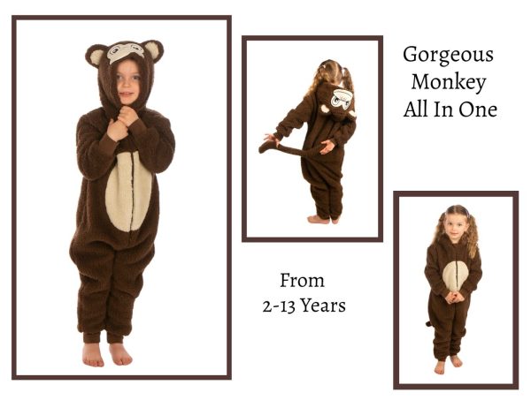 Kids All In One Monkey Fleecy Sleepwalker One-Piece Sleepsuit Pyjamas 2-13