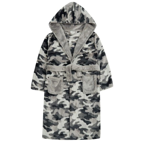 Boys Dressing Gown with Hood Plush Fleece Camouflage 7-13 Years