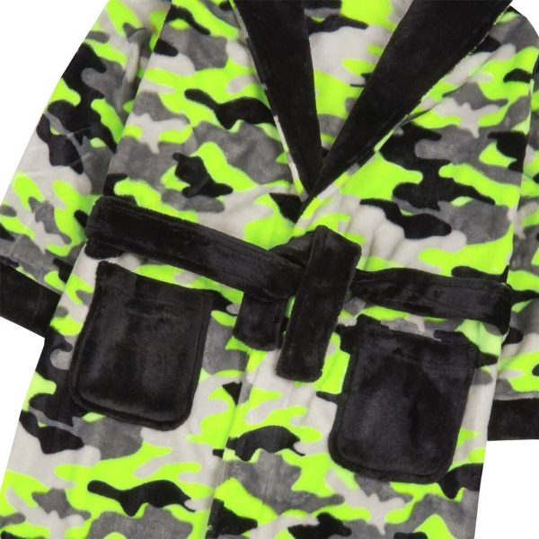 Boys Personalised Dressing Gown with Hood Plush Fleece Striking Neon Camouflage